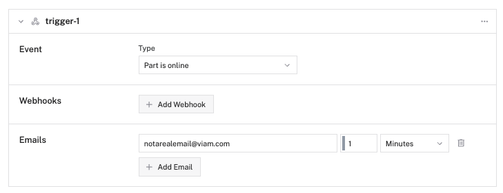 A trigger configured with an example email in the Viam app.