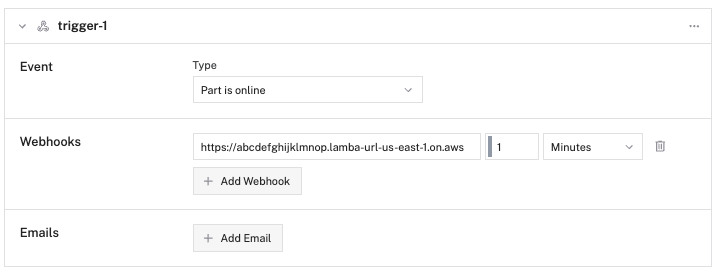 A trigger configured with an example URL in the Viam app.